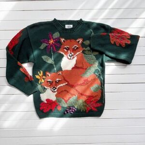vtg Miller Sport red fox green floral‎ hand knit sweater M